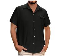 Linen Short Sleeve Shirts for Men Clearance,Mens Button Down Lapel Casual Hawaiian Blouses - Cotton Linen Loose Fit Holiday Beach Shirt - Solid Henley Blouse Tops with Pocket - UK Size 8-22