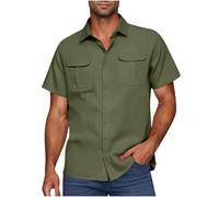 Linen Short Sleeve Shirts for Men Clearance,Mens Button Down Lapel Casual Hawaiian Blouses - Cotton Linen Loose Fit Holiday Beach Shirt - Solid Henley Blouse Tops with Pocket - UK Size 8-22
