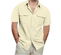 Linen Short Sleeve Shirts for Men Clearance,Mens Button Down Lapel Casual Hawaiian Blouses - Cotton Linen Loose Fit Holiday Beach Shirt - Solid Henley Blouse Tops with Pocket - UK Size 8-22
