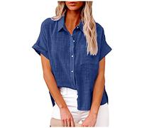 Linen Short Sleeve Women's Blouse Single Buckle Shirt Cotton Linen Tops Vintage Plain T-Shirt Summer Tops V-Neck Buttons Tunic Large Sizes Shirt Blouse Loose Turn-Down Collar T-Shirt, X01 Blue, M