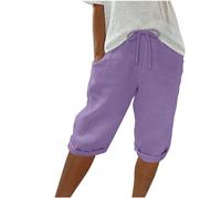 Linen Shorts for Women,Ladies Cotton Linen Shorts with Pockets Stretchy Elasticated Waist Drawstring Summer Shorts Casual Loose Comfy Italian Baggy Beach Pants Knee Length Pyjama Shorts UK