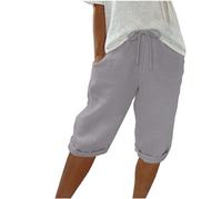 Linen Shorts for Women,Ladies Cotton Linen Shorts with Pockets Stretchy Elasticated Waist Drawstring Summer Shorts Casual Loose Comfy Italian Baggy Beach Pants Knee Length Pyjama Shorts UK Sale