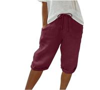 Linen Shorts for Women,Ladies Cotton Linen Shorts with Pockets Stretchy Elasticated Waist Drawstring Summer Shorts Casual Loose Comfy Italian Baggy Beach Pants Knee Length Pyjama Shorts UK Sale