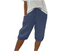 Linen Shorts for Women,Ladies Cotton Linen Shorts with Pockets Stretchy Elasticated Waist Drawstring Summer Shorts Casual Loose Comfy Italian Baggy Beach Pants Knee Length Pyjama Shorts UK