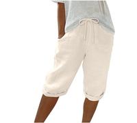 Linen Shorts for Women,Ladies Cotton Linen Shorts with Pockets Stretchy Elasticated Waist Drawstring Summer Shorts Casual Loose Comfy Italian Baggy Beach Pants Knee Length Pyjama Shorts UK
