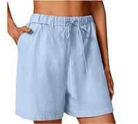 Linen Shorts for Women Solid Colour Drawstring Shorts with Pockets Loose Casual Pants Plus Size Beach Hotpants Fitness Yoga Loose Fit Pants UK