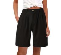 Linen Shorts for Women Summer High Waisted Button Fly Bermuda Short Pants Baggy Business Casual Work Shorts with Pockets Pleated Wide Leg Lounge Half Pants