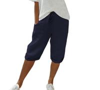 Linen Shorts for Women Summer Yoga Beach Capris Elastic Waist Athletic Jogging Knee Length Bermuda Shorts Baggy Workout Running Wide Leg Capri Pants Dark Blue