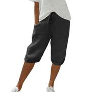 Linen Shorts for Women Summer Yoga Beach Capris Elastic Waist Athletic Jogging Knee Length Bermuda Shorts Baggy Workout Running Wide Leg Capri Pants Black