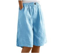 Linen Shorts for Women UK,Ladies Linen Shorts with Pockets Stretchy Elasticated Waist Shorts Summer Casual Hotpants Loose Comfy Italian Baggy Lounge Half Beach Pants Knee Length Shorts Sky Blue