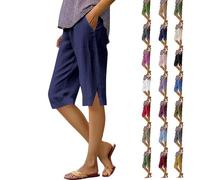 Linen Shorts for Women UK Plus Size Elastic High Waisted Ladies Summer Yoga Beach Capris Hot Pants Loose Casual Pull On Capri Cropped Trousers with Pockets Navy