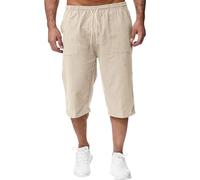 Linen Shorts Men 3/4 Length Drawstring Trousers Mens Three Quarter Length Shorts with Pockets Elasticated Waist Summer Pants Beach Yoga Joggers Casual Sweatpants Khaki L