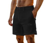 Linen Shorts Men Combat Work Chino Shorts Solid Color Summer Casual Elasticated Waist Multi Pockets Cotton Plain Combat Pants Lightweight Breathe Summer Trousers for Beach Holiday Workout Gym