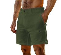 Linen Shorts Men Combat Work Chino Shorts Solid Color Summer Casual Elasticated Waist Multi Pockets Cotton Plain Combat Pants Lightweight Breathe Summer Trousers for Beach Holiday Workout Gym