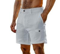 Linen Shorts Men Combat Work Chino Shorts Solid Color Summer Casual Elasticated Waist Multi Pockets Cotton Plain Combat Pants Lightweight Breathe Summer Trousers for Beach Holiday Workout Gym