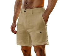 Linen Shorts Men Combat Work Chino Shorts Solid Color Summer Casual Elasticated Waist Multi Pockets Cotton Plain Combat Pants Lightweight Breathe Summer Trousers for Beach Holiday Workout Gym