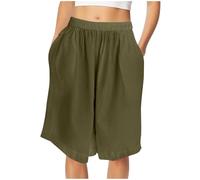 Linen Shorts Women Baggy Knee Length Shorts Loose Fit Wide Leg Bermuda Elastic Waist Summer Pants with Pockets Lightweight Casual Plain Loose Bottoms Plus Size Lounge Wear Holiday Essentials