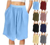 Linen Shorts Women Baggy Knee Length Shorts Loose Fit Wide Leg Bermuda Elastic Waist Summer Pants with Pockets Lightweight Casual Plain Loose Bottoms Plus Size Lounge Wear Holiday Essentials
