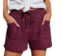 Linen Shorts Women Elastic Waist Solid Drawstring Summer Shorts with Pockets Ladies Elastic Waist Tracksuit Bottoms Loose Casual Pants Prime of Day Deals 2025 Wine