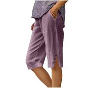 Linen Shorts Women Elastic Waist Summer Cotton Linen Elasticated Waist Shorts with Pockets Wide Leg Lightweight Breathable Knee Length Pants Loose Fit Casual Comfy Holiday Beach Pants Purple