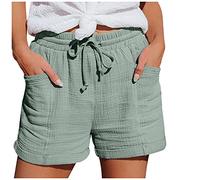 Linen Shorts Women Knee Length Solid Drawstring Summer Shorts with Pockets Ladies Elastic Waist Tracksuit Bottoms Loose Casual Pants T Shirt Green