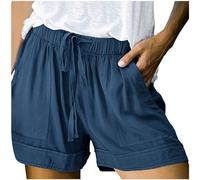Linen Shorts Women Ladies Solid Colour Drawstring Elastic Waist Loose Casual Pants with Pockets Summer Clothes Cotton Beach Walking Shorts for Women UK Summer Lightweight Breathe Running Shorts
