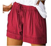Linen Shorts Women Ladies Solid Colour Drawstring Elastic Waist Loose Casual Pants with Pockets Summer Clothes Cotton Beach Walking Shorts for Women UK Summer Lightweight Breathe Running Shorts