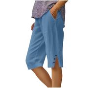 Linen Shorts Women Long Summer Cotton Linen Elasticated Waist Shorts with Pockets Wide Leg Lightweight Breathable Knee Length Pants Loose Fit Casual Comfy Holiday Beach Pants Sky Blue