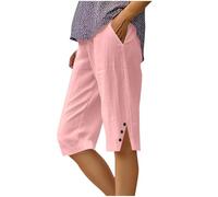 Linen Shorts Women Plus Size Summer Cotton Linen Elasticated Waist Shorts with Pockets Wide Leg Lightweight Breathable Knee Length Pants Loose Fit Casual Comfy Holiday Beach Pants Pink