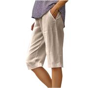 Linen Shorts Women Summer Beach Cotton Linen Capris Knee Length Bermuda Shorts Ladies Casual Elastic Waist Lounge Running Workout Baggy Cargo Pants Summer Fifth Pants Vintage Sports Board Shorts