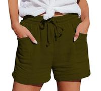 Linen Shorts Women Summer Knee Length Cropped Trousers Ladies Solid Drawstring Hot Pants With Pockets Half Length Capri Bermuda Shorts Lightweight Elasticated Waist Beach Vacation Short Pants