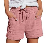 Linen Shorts Women Summer Muslin Wide Leg Drawstring Elasticated Waist Baggy Beach Walking Shorts with Pockets Loose Casual Solid Colour Chino Bottoms Lighweight Plus Size Leisure Pants for Holiday