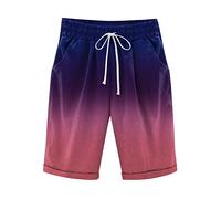 Linen Shorts Women Tie Dye Floral Print Knee Length Shorts with Pockets Elasticated Waist Pull On Bermuda Shorts Straight Legs Loose Casual Half Pants Comfy Beach Shorts Purple