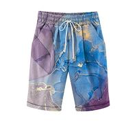 Linen Shorts Women Tie Dye Floral Print Knee Length Shorts with Pockets Elasticated Waist Pull On Bermuda Shorts Straight Legs Loose Casual Half Pants Comfy Beach Shorts Sky Blue