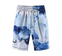 Linen Shorts Women Tie Dye Floral Print Knee Length Shorts with Pockets Elasticated Waist Pull On Bermuda Shorts Straight Legs Loose Casual Half Pants Comfy Beach Shorts Light Blue