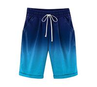 Linen Shorts Women Tie Dye Floral Print Knee Length Shorts with Pockets Elasticated Waist Pull On Bermuda Shorts Straight Legs Loose Casual Half Pants Comfy Beach Shorts Blue