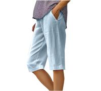 Linen Shorts Women UK Summer Summer Loose Knee Length Bermuda Shorts Ladies 3/4 Length Bottoms Elastic Waist Lounge Pants Walk Office Work Pants with Pockets