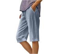Linen Shorts Women UK Summer Summer Loose Knee Length Bermuda Shorts Ladies 3/4 Length Bottoms Elastic Waist Lounge Pants Walk Office Work Pants with Pockets
