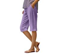 Linen Shorts Women UK Summer Summer Loose Knee Length Bermuda Shorts Ladies 3/4 Length Bottoms Elastic Waist Lounge Pants Walk Office Work Pants with Pockets