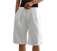Linen Shorts Womens Elasticated Waist Knee Length Cotton Linen Short Pants with Pockets Wide Leg Bermuda Shorts for Women Summer Beach Activewear Fitness Sport Lounge Bottoms