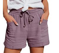 Linen Shorts Womens Solid Drawstring Summer Shorts with Pockets Ladies Elastic Waist Tracksuit Bottoms Loose Casual Pants Dark Purple
