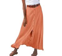 Linen Skirts for Women Summer High Waist Loose A Lined Midi Skirt Cotton Linen Button Down Ladies Boho Skirt Swing Flowy Casual Dresses Lightweight Holiday Vacation Going Out Skirts (1-Red, L)