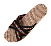 Linen Sliders Women,Bedroom Slippers Womens Open Toe Lightweight Comfortable Linen Footbed Slide Sandals Non-Slip Comfy Plantar Flatform Mules With Rainbow Woven Cross Strap Outdoor Causal Shoes