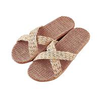 Linen Sliders Women,Summer House Slippers For Women Braided Webbing Cross Strap Flat Sandals Open Toe Lightweight Breathable Mules Non-Slip Summer Causal Shoes For Bedroom Home Indoor Outdoor