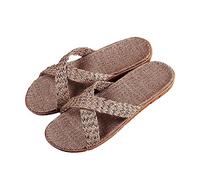 Linen Sliders Women,Summer House Slippers For Women Braided Webbing Cross Strap Flat Sandals Open Toe Lightweight Breathable Mules Non-Slip Summer Causal Shoes For Bedroom Home Indoor Outdoor