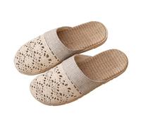Linen Slippers for Women Closed Toe Indoor Non-Slip Flat Mule Sandals Men Summer Guest Breathable Slip-On Garden Clogs Shoes Outdoor Lightweight Comfortable Flip Flops (Beige, 6)