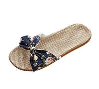 Linen Slippers Women, Flower Summer Sliders, Women's Bohemian Style Bow Flower Linen Slippers Sandals, Beach Shoes Indoor Slippers Women Summer, House Outdoor Sandals Slippers