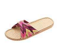 Linen Slippers Women's Lightweight Slippers Women's Mules Wide H Rattan Straw Slippers Women Spring Bamboo Rattan Flip Flops Bohemia Style Flat Slide Sandals Beach Shoes Flats Slides, pink, 2/2.5 UK