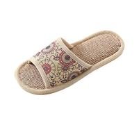 Linen Slippers Women's Open Toe Slippers Comfort Breathable Linen Slippers Guest Slippers Floral Pattern Hut Shoes Hotel Slippers Non-Slip Indoor Slippers at Home Hotel, red, 5 UK