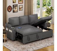 (Linen) Sofa Bed, L-Shaped Sleeper Sectional Couch Bed,3-in-1 Convertible Pull Out Corner Sofa, Adjustable Backrest,Storage, USB, Cup Holder for Living Room